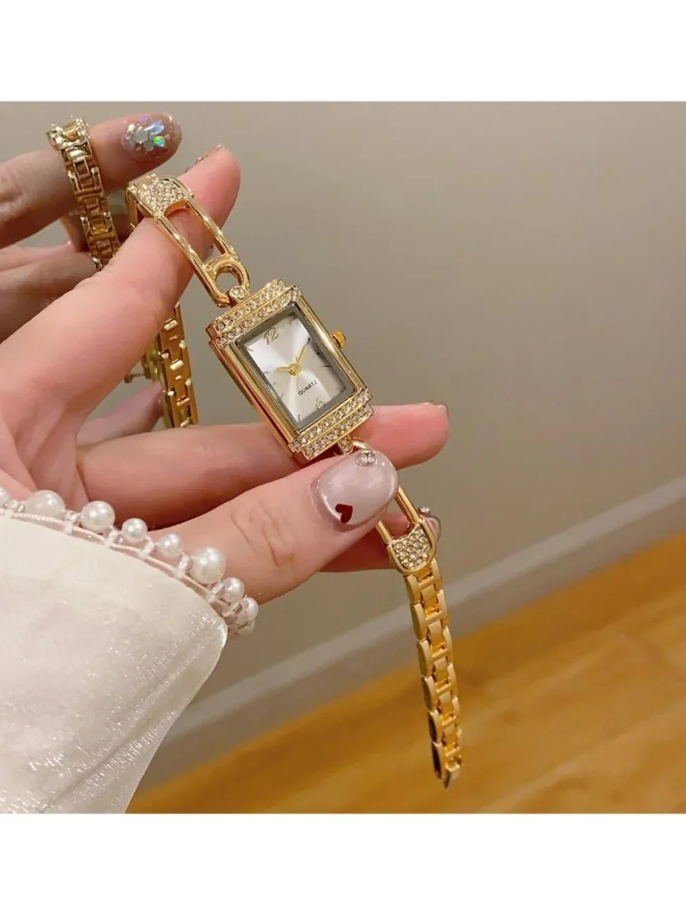 Women's Gold White Vintage Rectangular Bracelet Luxury Crystal Quartz Wristwatch